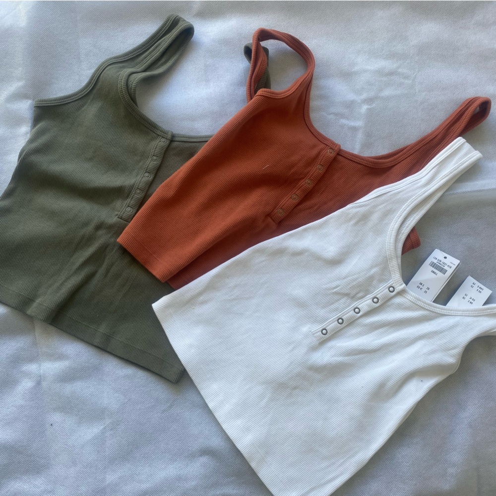 Set of Three Ribbed Tank Tops - White, Rust, and Olive